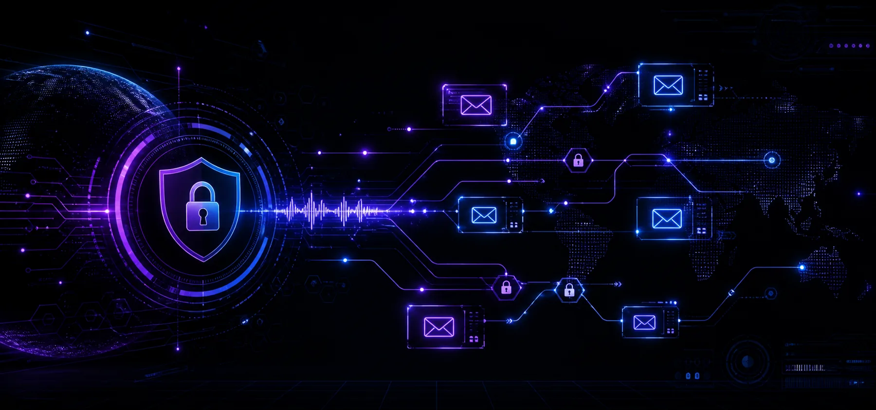 Cyberpunkowa grafika bezpiecznej komunikacji i szyfrowanych kanałów