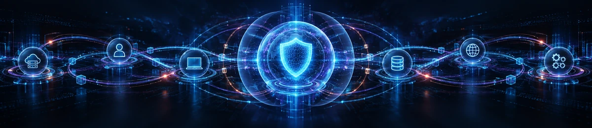 Warstwowa cyberobrona: chroniony rdzeń danych połączony z człowiekiem, urządzeniami, bazą danych, siecią i systemami