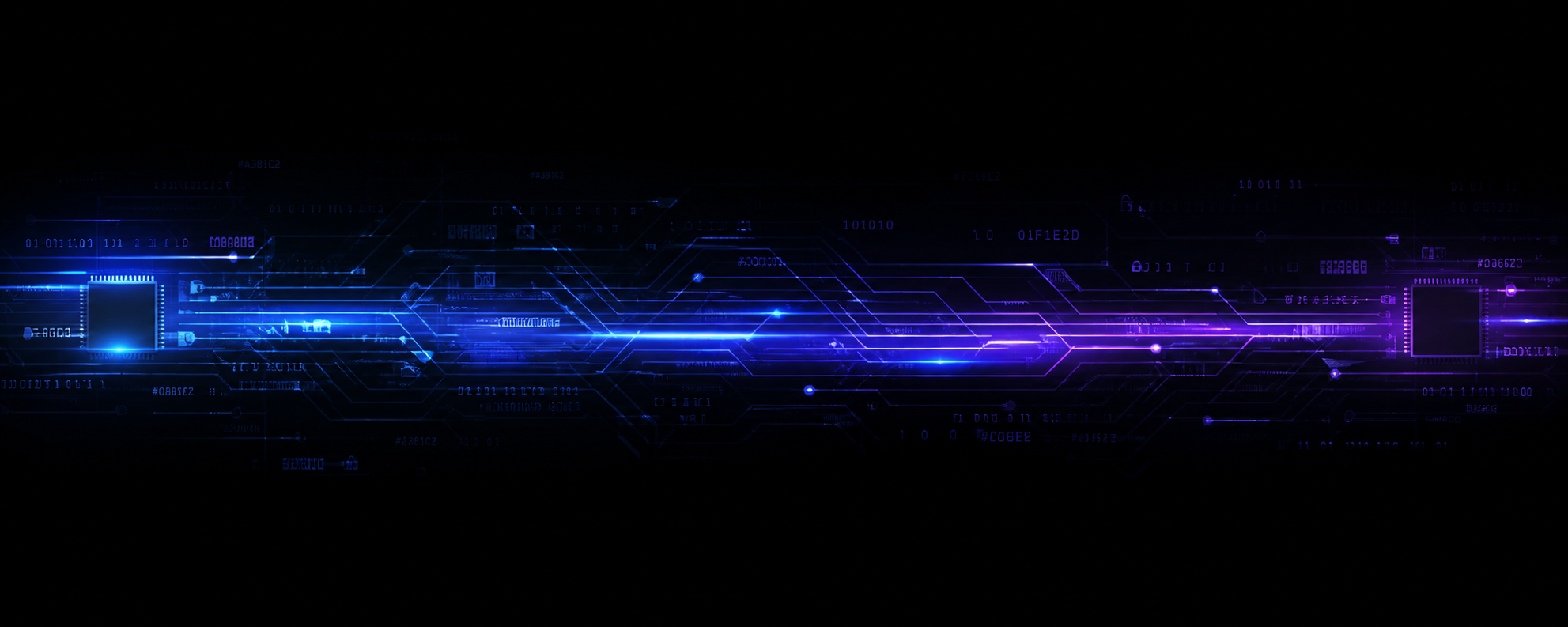 Cyberpunkowy przerywnik z obwodami, danymi i neonowymi impulsami