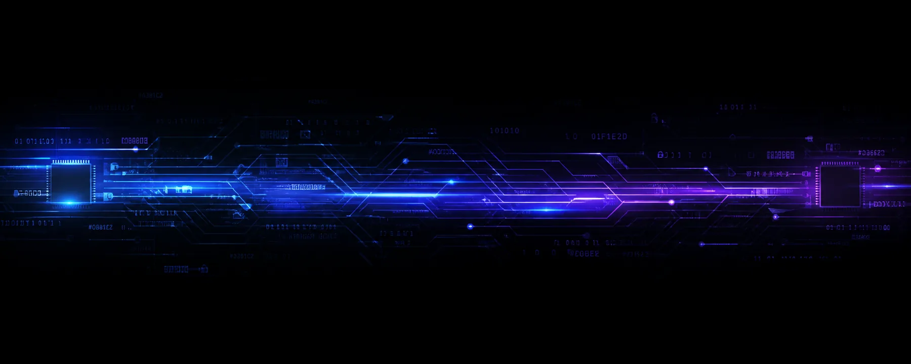 Cyberpunkowy przerywnik z obwodami, danymi i neonowymi impulsami