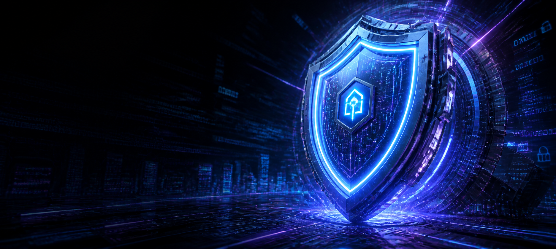 Cyberpunkowa grafika bezpieczeństwa z neonową tarczą i siatką połączeń